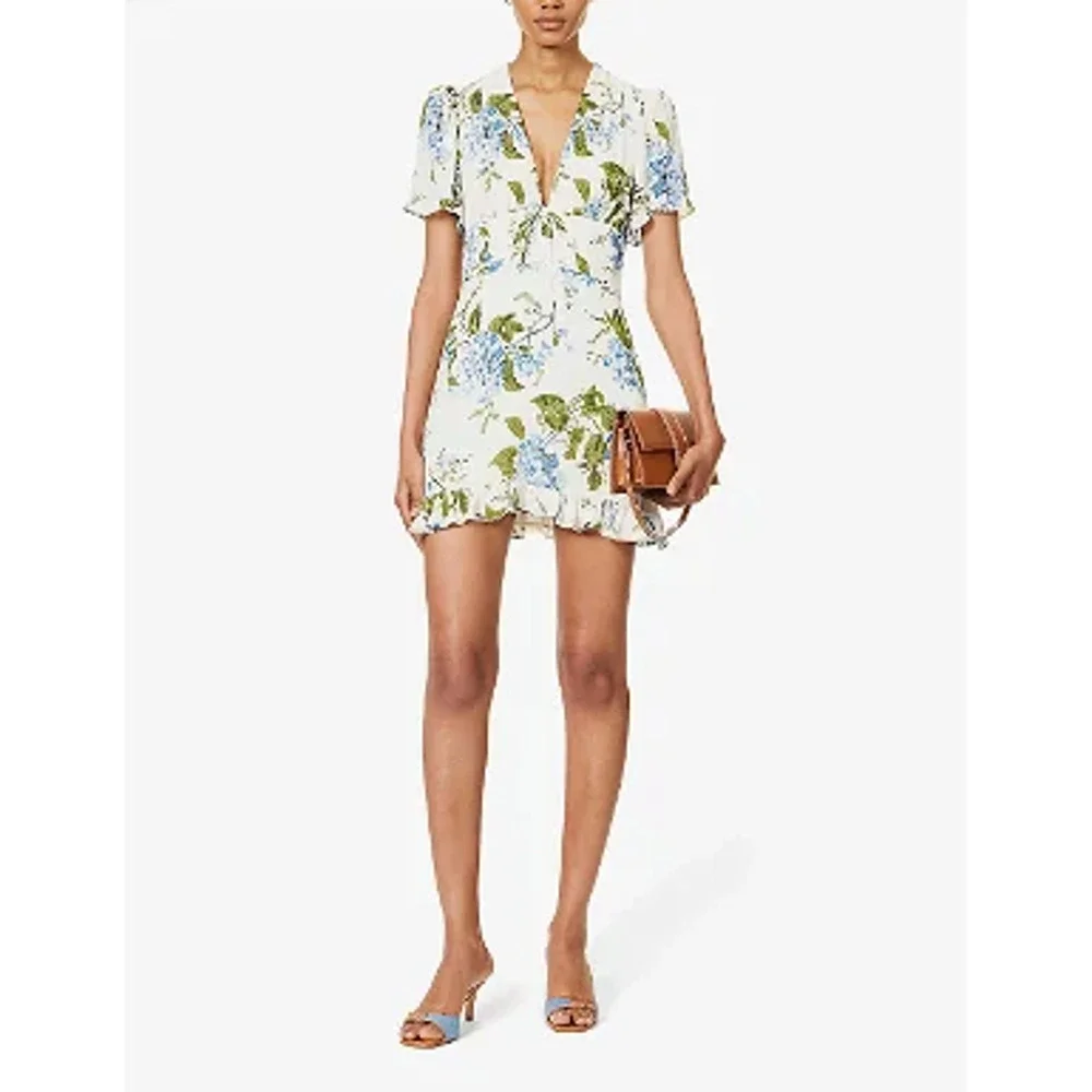 NEW Reformation Mya Riviera V-Neck Floral Mini Dress Puff Sleeve Size 12
